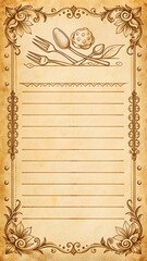 Decorative vintage paper with utensils and floral design suitable for recipe notes or menu planning