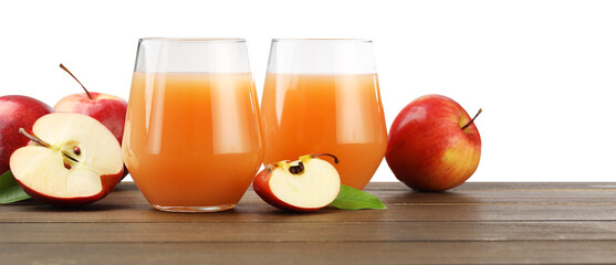 Tasty apple juice and fresh fruits on wooden table against white background