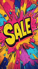 Pop art Sale text. Colorful background in pop art retro comic style. Vertical.