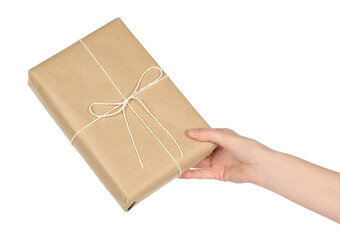 Woman with parcel box on white background, closeup