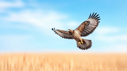 Fototapeta premium A digitally created image of a bald eagle soaring in a clear blue sky above a golden field. The image features vibrant colors and a sense of freedom.