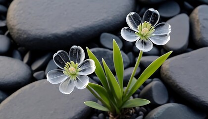 Close-up of a delicate plant growing between black rocks, featuring two transparent see-through glass-like flowers with petal shapes resembling real blossoms. The flowers have a shiny