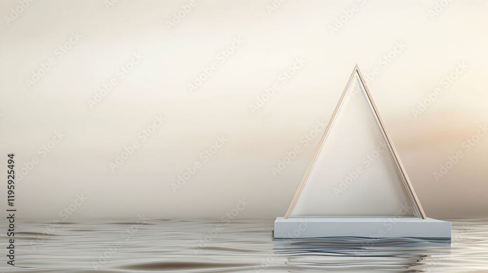 Poster minimalist triangular display stand on water, sunset backdrop; ideal for product showcase or website