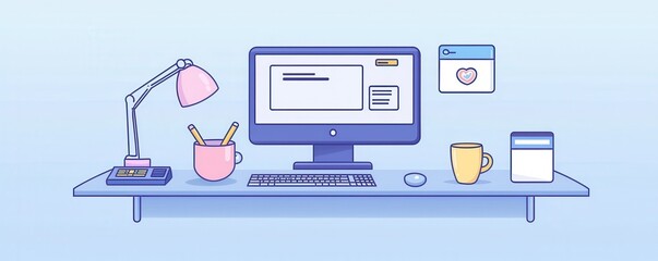Minimalistic  illustration of an organized office desk with accessories