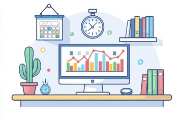 Fototapeta premium Flat illustration of a home office desk with analytics chart