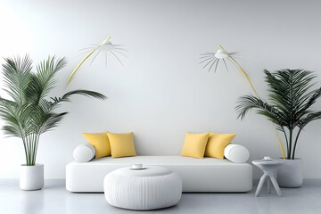 Minimalist white living room with yellow pillows, potted plants, and floor lamps.  Perfect for home decor websites or interior design magazines