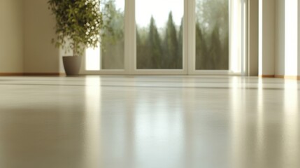 Fototapeta premium A serene bathroom features white ceramic tiles on the floor, enhanced by natural light streaming through large windows, with a potted plant adding greenery.