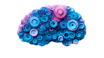 Abstract brain shape made up of blue and purple gears, concept that the brain works as a perfect machine	