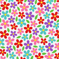 Bright playful floral pattern with bold colorful flowers and leaves on white, perfect for kids’ designs, cheerful textiles, and fun decorative backgrounds.