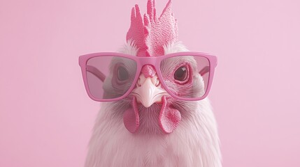 A whimsical image of a chicken wearing pink sunglasses set against a matching pink background, creating a playful and humorous vibe.
