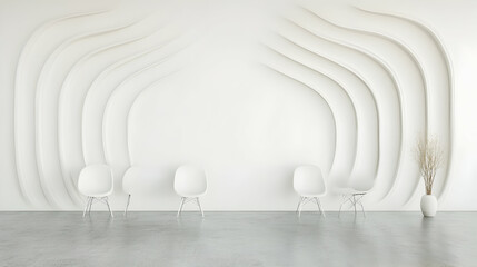 Obraz premium Minimalist white waiting room with curved wall design, empty chairs, and plant; ideal for interior design websites