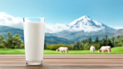 Fresh milk glass in front of a serene mountain landscape with grazing cows