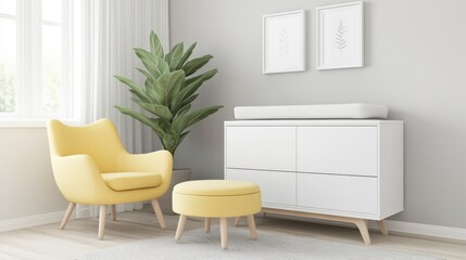 A Scandinavian-style nursery room with minimalist decor, featuring a yellow armchair, matching ottoman, white dresser, and potted plant.