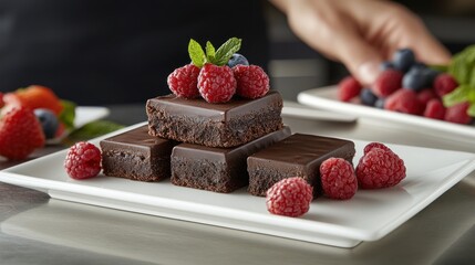 Gourmet chocolate brownies, berries, kitchen