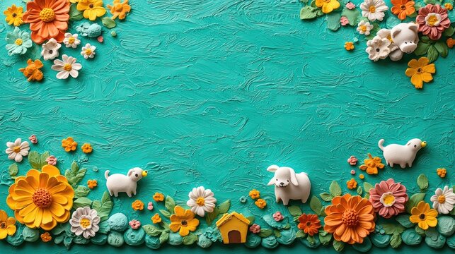 Whimsical floral scene with adorable clay animals