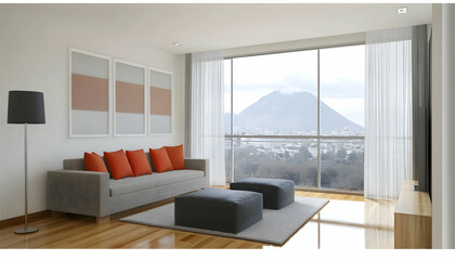 Fototapeta premium Modern apartment living room with mountain view, cozy sofa and large window, perfect for relaxation and luxury real estate marketing