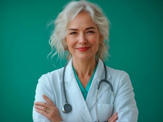 Smiling Female middle-age Doctor with Stethoscope green background
