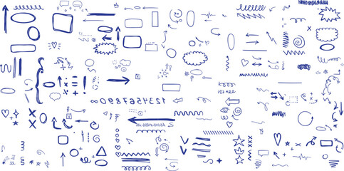 Chalk scribble doodle arrow, line elements set. Crayon arrow, underline, handwritten mark check