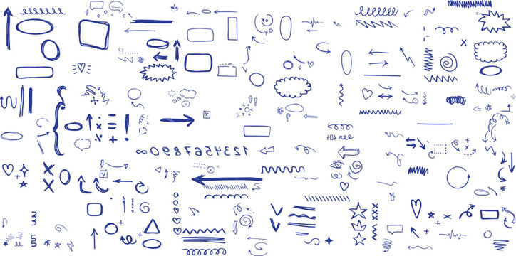 Chalk scribble doodle arrow, line elements set. Crayon arrow, underline, handwritten mark check