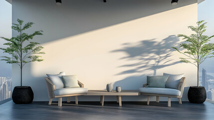 Modern balcony furniture cityscape background, relaxing outdoor seating area, morning sun shadows, ideal for home decor websites