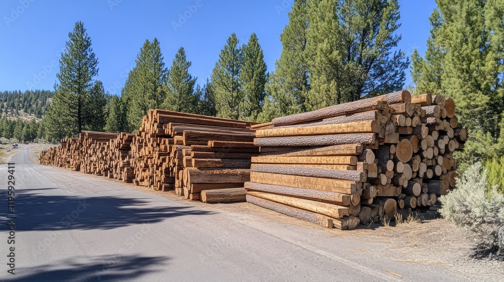 Poster stacked logs in a forest setting