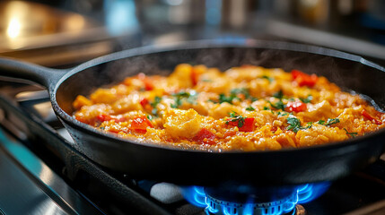 A cast iron skillet sits on a modern gas burner with a bright, clean kitchen stove in the background, space for a caption on the side with a blurred focus on the surrounding area

