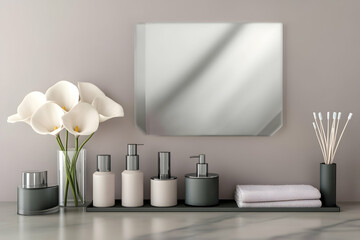 Modern bathroom vanity with elegant toiletries, flowers, and mirror; serene background for spa or wellness website