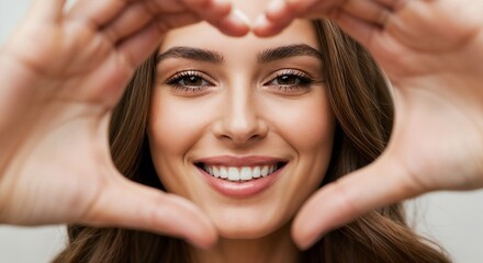 Portrait of a cheerful young woman smiling confidently while forming a heart shape with her hands, representing positivity, love, and connection.

