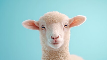 Fototapeta premium A young lamb with soft, curly wool looks straight ahead. The image has a bright, serene background, highlighting the lamb's gentle and curious expression.