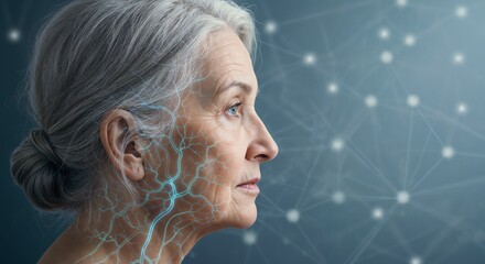 An elderly woman depicted in profile with a neural network graphic concept that visualizes integration of technology and thought processes, symbolizing themes of artificial intelligence, innovation, a