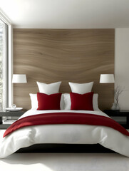 Modern bedroom interior design, featuring a king-size bed with red and white bedding, wooden wall paneling, and natural light streaming from a large window, ideal for interior design 
