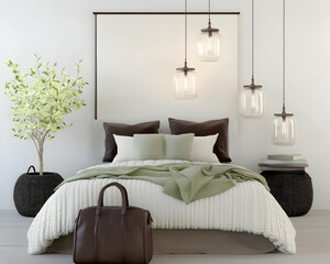 Modern bedroom interior design, minimalist decor, calm atmosphere, neutral color palette, travel bag on bed, suitable for hotel website or home decor magazine