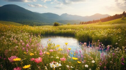 Fototapeta premium Serene Mountain Meadow Pond Wildflowers Sunset