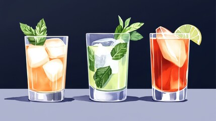 A vibrant watercolor illustration of three cocktail drinks with garnish and ice cubes, set against a white background.