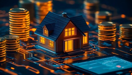 Digital real estate investment concept with a miniature house on circuit board