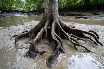 Obraz premium Tree foundations - elaborate subterranean network, maximizing moisture absorption, vegetation structure, underground connections, hydration pathways, root biology, cological interactions.