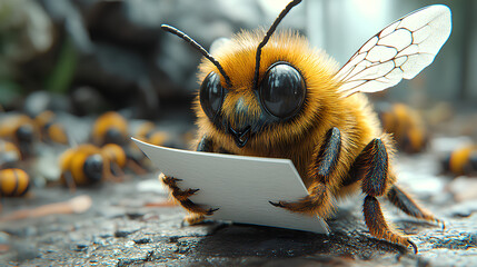 Bee character holding a white sign.