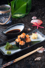 Salmon Gunkan Sushi with Tobiko and Soy Sauce