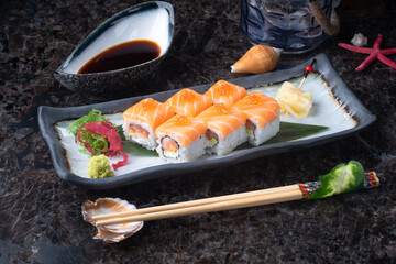 Salmon Sushi Rolls with Roe and Soy Sauce