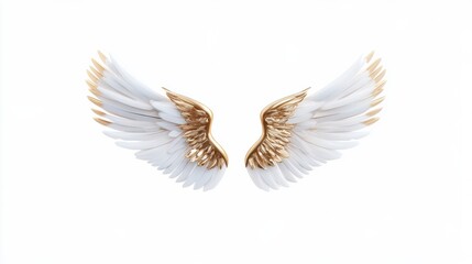 Fototapeta premium 3D render of golden and white angel wings with intricate feather details, set against a plain background, conveying a sense of elegance and purity.