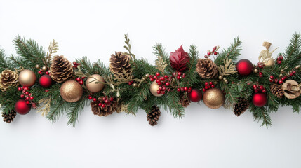 Festive Christmas Holiday Decoration with Pine Cones, Ornaments, Berries, and Greenery on a White Background for Cheerful Seasonal Celebrations