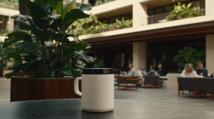 A white coffee mug sits on a table in an open, modern workspace with people collaborating in the background, surrounded by greenery.