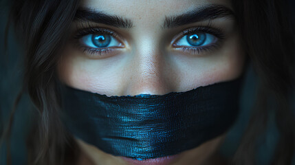 A woman with black tape over her mouth to prevent her from speaking, a concept of censorship of women's freedom of expression.