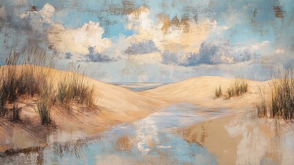 Serene sandy dunes with water reflections under a calm sky creating a peaceful natural landscape