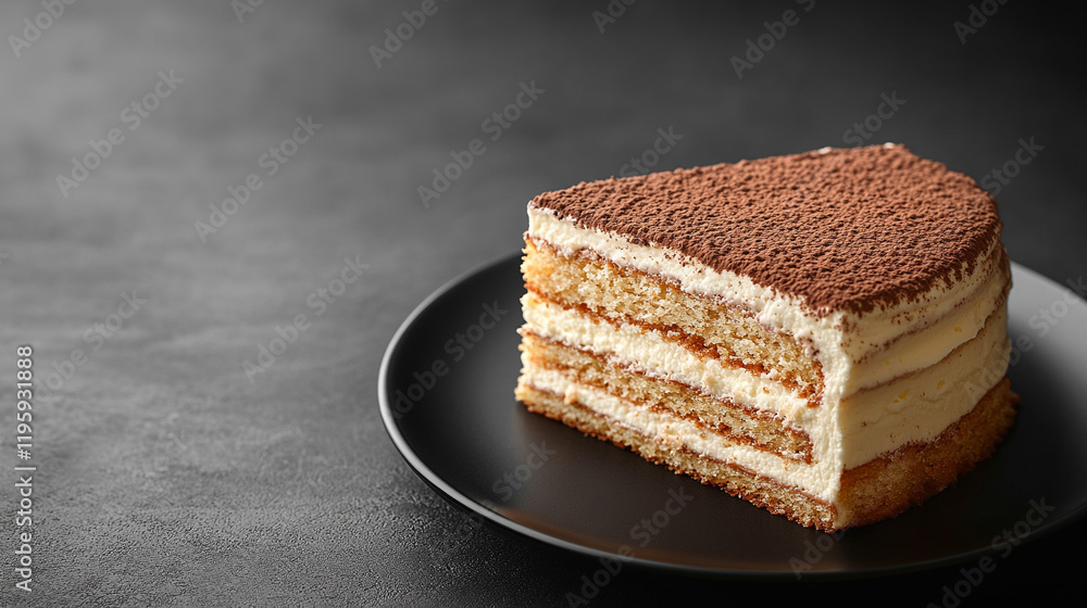 Wall mural A delicious piece of tiramisu cake with layers of coffee-soaked ladyfingers and creamy mascarpone served on a black plate with blurred background and caption space on the side
