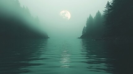 Moonlit foggy lake, forest, night, serene, mystery, artwork