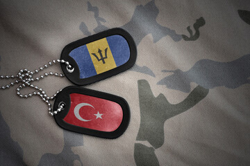 vintage army blank, dog tag with flag of barbados and turkey on the khaki texture background....