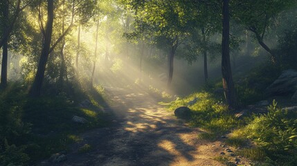 Obraz premium Sunlight filters through the dense forest canopy onto a path leading through the woods