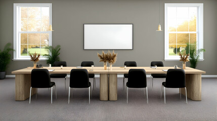 Modern conference room with long table, chairs, and large blank screen; autumnal view from windows; ideal for business meetings or presentations