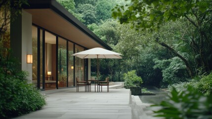 Fototapeta premium A modern tiny home with large glass windows blends into a lush green environment. An outdoor patio with a white umbrella provides a serene retreat.